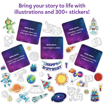 Space-themed story-writing kit with prompt cards and 300+ stickers for kids ages 5-10