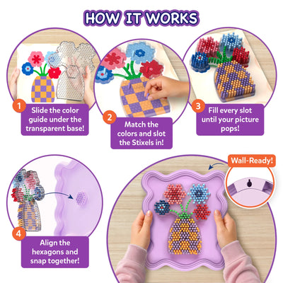 Step-by-step guide for creating the Skillmatics Stixels Flower Vase wall décor. Images show sliding the color guide beneath the transparent base, matching and inserting Stixels, filling every slot, snapping the completed design into the lavender frame, and displaying the finished wall-ready artwork.