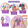 Step-by-step guide for creating the Skillmatics Stixels Flower Vase wall décor. Images show sliding the color guide beneath the transparent base, matching and inserting Stixels, filling every slot, snapping the completed design into the lavender frame, and displaying the finished wall-ready artwork.