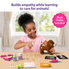 Child caring for the included plush puppy with the Skillmatics Vet Set by spraying flea treatment while using realistic pretend veterinary accessories. The table includes a stethoscope, medicine, eye drops, prescription pad, syringe, ointment tube, X-ray sheets, felt ticks, and toy bones.