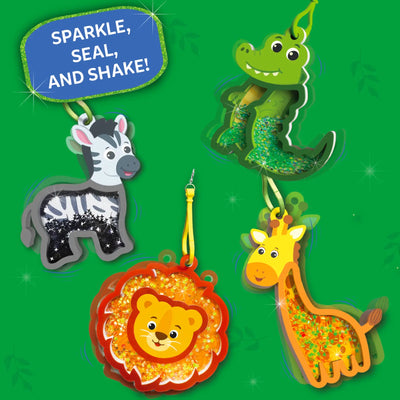 A green background displays multiple animal-shaped foam keychains filled with glitter confetti, including a crocodile, zebra, lion, and giraffe. Each figure is attached to a small loop and appears mid-shake, with motion lines and sparkle highlights. A blue label reads “Sparkle, seal, and shake!” while decorative leaves and light effects surround the hanging animal designs.