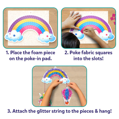 Rainbow-themed fabric square and glitter string craft instructions for Kids’ Poke-in Art kit