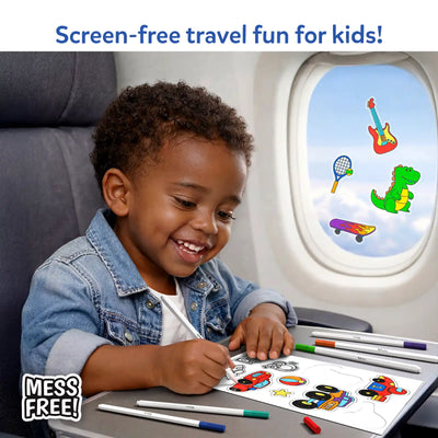 A young child sits at an airplane tray table smiling while coloring stickers with markers. Text at the top reads “Screen-free travel fun for kids!” The window beside the child shows static stickers clinging to the glass. A “Mess Free!” badge appears in the corner, highlighting portable, quiet, and creative play during travel without screens.