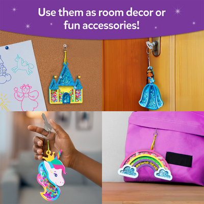 A collage shows finished shake-it keychains used in everyday settings. A castle shake-it hangs on a corkboard near children’s drawings, a princess shake-it hangs from a door handle, a unicorn shake-it is held in a child’s hand, and a rainbow shake-it is clipped to a pink backpack. Text above reads “Use them as room decor or fun accessories!”