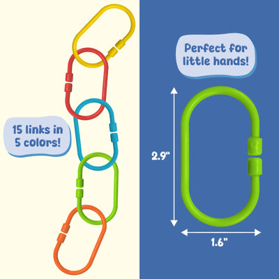 "Illustration shows colorful plastic linking rings designed for children. Five oval links in yellow, red, blue, green, and orange are connected vertically, with text reading “36 links in 5 colors.” On the right, a single green link is enlarged against a blue background with arrows showing measurements of 2.9 inches tall and 1.6 inches wide, labeled “Perfect for little hands.”"
