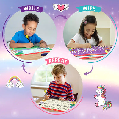 Reusable activity mats for children to practice writing and tracing, Unicorn Edition
