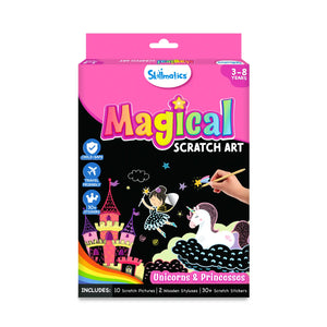 Travel friendly Magical Scratch Art Book with unicorns princesses styluses and stickers