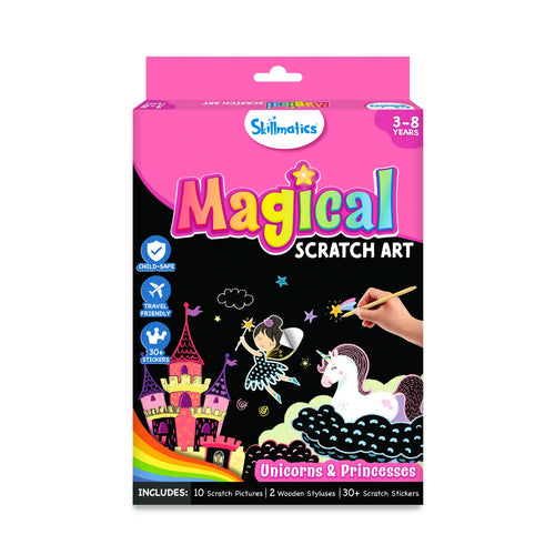 Travel friendly Magical Scratch Art Book with unicorns princesses styluses and stickers
