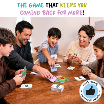 Family of five gathered around a wooden table playing Skillmatics Cross Over card game. Children and parents hold colorful picture and category cards while rapidly placing matches in the center. Headline reads “The Game That Keeps You Coming Back for More,” with a family-friendly game night favorite badge.