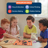 Four children are playing Skillmatics Boxed! The game board, featuring magnetic pieces and dots, is placed on the table in front of them. The children are focused, using their strategic thinking skills while placing magnetic pieces on the grid. Text at the top reads “Develops Key Skills,” highlighting Focus & Attention, Critical Thinking, Decision Making, and Problem Solving.