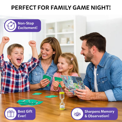 A family of four is enjoying Who Saw What during family game night. Two adults and two children sit around a wooden table, smiling and cheering. One child raises both hands in excitement while others hold green letter cards and a picture card. An hourglass timer sits at the center of the table. A banner at the top reads “Perfect for Family Game Night!” indicating fun, interactive play.