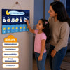 A mother and daughter use the Skillmatics My Daily Routine Chart mounted on a wall, placing magnetic task pieces onto the nighttime routine board. The reusable double-sided magnetic chart encourages independence, responsibility, confidence, time management, and rewards children for building positive daily habits.