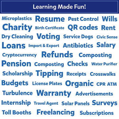 Blue poster titled “Learning Made Fun!” displaying a collage of real-world topics in varying sizes and bold type. Words include charity, voting, loans, resumes, rent, QR codes, antibiotics, salary, refunds, pensions, tipping, scholarships, solar panels, subscriptions, and more, visually representing practical life concepts children can learn and understand.