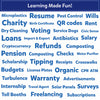 Blue poster titled “Learning Made Fun!” displaying a collage of real-world topics in varying sizes and bold type. Words include charity, voting, loans, resumes, rent, QR codes, antibiotics, salary, refunds, pensions, tipping, scholarships, solar panels, subscriptions, and more, visually representing practical life concepts children can learn and understand.