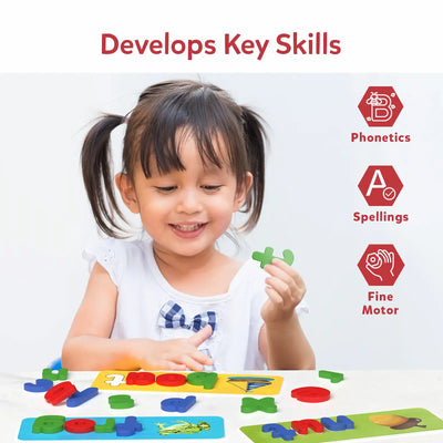 Young child playing with colorful letter and shape puzzles for early learning development
