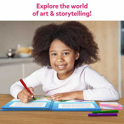 Young girl with dark curly hair smiling and holding a red marker from My Storybook Art Kit