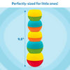 A tall stack of five colourful Build And Bop wobbly pieces is shown centered on a soft blue background with swirl patterns. A vertical arrow runs alongside the tower, marking its height as 9.5 inches. The pieces alternate in bright shades of yellow, green, teal, orange, and red. Text above the image reads “Perfectly-sized for little ones!”, emphasizing the easy-to-reach height for toddlers.