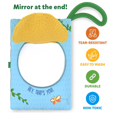 Blue baby book with mirror and taco top, made of durable, washable, non-toxic materials