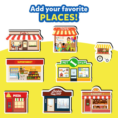 Magnetopia magnetic play pieces featuring various storefronts for interactive pretend play