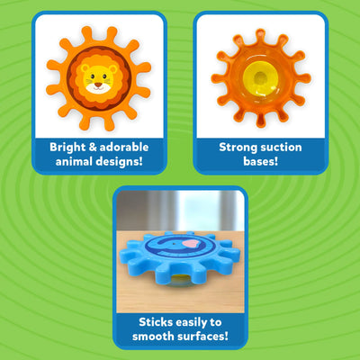 Three feature panels for Skillmatics Spinny Gears Animal Fun 5-gear set on a green background. Top-left shows orange lion gear with text "Bright and adorable animal designs." Top-right shows orange gear back with yellow suction cup and text "Strong suction bases." Bottom panel shows blue elephant gear flat on a wooden surface with text "Sticks easily to smooth surfaces."