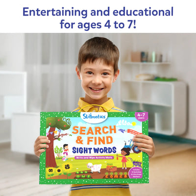 Young boy holding Search & Find Sight Words reusable activity mat for ages 3-6