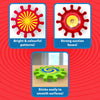 Three product feature panels of the Skillmatics Spinny Gears Pattern Pop toy. The first shows a red gear with a bright yellow sunburst design labeled “Bright & colourful patterns!” The second displays the gear’s strong suction base, and the third shows a green and blue gear sticking to a smooth tabletop surface. Designed to encourage sensory play and early STEM learning in toddlers.