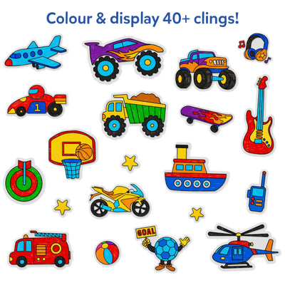 Illustration-style layout showing the heading “Colour & display 40+ clings!” at the top, with multiple colorful outlined sticker designs on a white background. Stickers include vehicles like airplanes, monster trucks, fire trucks, helicopters, boats, bikes, and sports items such as basketball hoops, balls, skateboards, guitars, headphones, stars, and walkie-talkies, representing playful sticker themes.