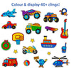 Illustration-style layout showing the heading “Colour & display 40+ clings!” at the top, with multiple colorful outlined sticker designs on a white background. Stickers include vehicles like airplanes, monster trucks, fire trucks, helicopters, boats, bikes, and sports items such as basketball hoops, balls, skateboards, guitars, headphones, stars, and walkie-talkies, representing playful sticker themes.