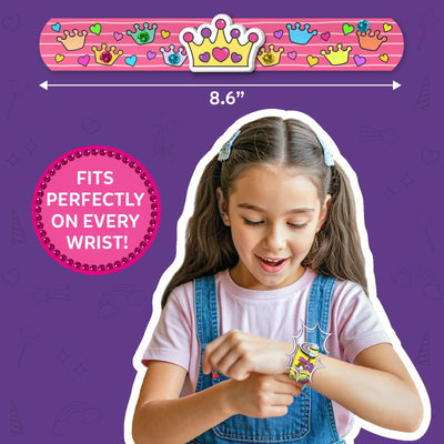 Child’s slap bracelet with princess crown design, hearts, and small crowns from Snap Bandz
