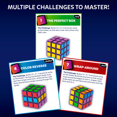Skillmatics Klixokubes challenge cards displayed against a blue background, featuring examples from Easy, Medium, and Hard levels. The cards show different cube-building objectives, color patterns, and completed structures, demonstrating the variety of spatial reasoning puzzles included.