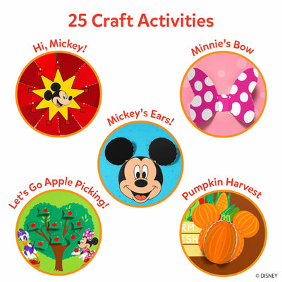 Graphic titled “25 Craft Activities” showing five circular preview images on a white background. Each circle highlights a different Disney-themed paper craft, including “Hi, Mickey!” with a starburst design, “Minnie’s Bow” with a pink polka-dot bow, “Mickey’s Ear” featuring Mickey’s smiling face, “Let’s Go Apple Picking!” with Minnie and Daisy near an apple tree, and “Pumpkin Harvest” with layered pumpkin cutouts.