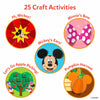 Graphic titled “25 Craft Activities” showing five circular preview images on a white background. Each circle highlights a different Disney-themed paper craft, including “Hi, Mickey!” with a starburst design, “Minnie’s Bow” with a pink polka-dot bow, “Mickey’s Ear” featuring Mickey’s smiling face, “Let’s Go Apple Picking!” with Minnie and Daisy near an apple tree, and “Pumpkin Harvest” with layered pumpkin cutouts.