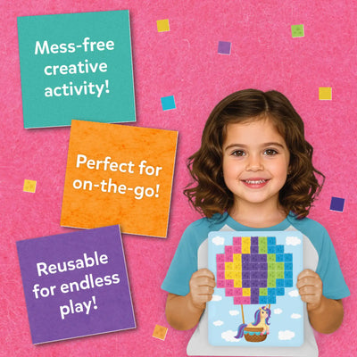 Smiling girl in a blue shirt holds a completed Skillmatics Felt Fun hot air balloon picture board with colorful felt squares on a pink felt background. Three overlapping felt squares display text: Mess-free creative activity, Perfect for on-the-go, and Reusable for endless play.