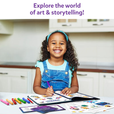 Young girl with curly dark hair creating with markers and cards from My Storybook Art Kit Space Explorers