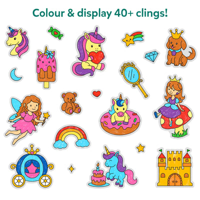 A white background display showing a wide assortment of colorful unicorns and princess-themed static clings under the heading “Colour & display 40+ clings!” The clings include unicorns, fairies, princesses, a teddy bear, rainbow, castle, carriage, crown, mirror, stars, hearts, moon, diamond, candy, popsicle, and small decorative icons, highlighting variety, playful design, and creative display possibilities.