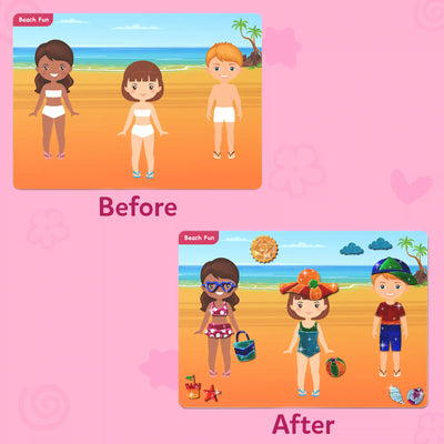 Beach-themed paper doll characters before and after dressing with swimwear and accessories