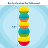 A tall stack of five colourful Build And Bop wobbly pieces is shown centered on a soft blue background with swirl patterns. A vertical arrow runs alongside the tower, marking its height as 9.5 inches. The pieces alternate in bright shades of yellow, green, teal, orange, and red. Text above the image reads “Perfectly-sized for little ones!”, emphasizing the easy-to-reach height for toddlers.