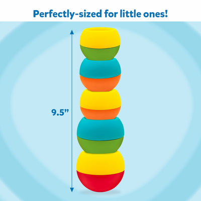 A tall stack of five colourful Build And Bop wobbly pieces is shown centered on a soft blue background with swirl patterns. A vertical arrow runs alongside the tower, marking its height as 9.5 inches. The pieces alternate in bright shades of yellow, green, teal, orange, and red. Text above the image reads “Perfectly-sized for little ones!”, emphasizing the easy-to-reach height for toddlers.