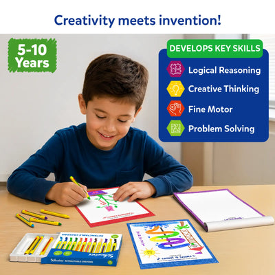 Young child smiling while drawing an invention using the Skillmatics Inventor Sprouts activity book and retractable crayons at a table. The image highlights the recommended age of 5–10 years and key skills developed, including logical reasoning, creative thinking, fine motor skills and problem solving.