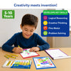 Young child smiling while drawing an invention using the Skillmatics Inventor Sprouts activity book and retractable crayons at a table. The image highlights the recommended age of 5–10 years and key skills developed, including logical reasoning, creative thinking, fine motor skills and problem solving.