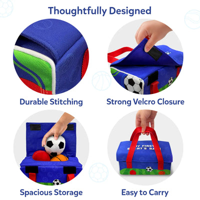Graphic titled “Thoughtfully Designed” showing four circular close-up images of the sports bag. Details include reinforced fabric seams labeled Durable Stitching, a flap being opened to show Strong Velcro Closure, an open bag holding plush balls labeled Spacious Storage, and a small blue bag with red handles being lifted, labeled Easy to Carry.