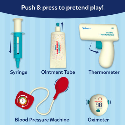 Feature graphic highlighting interactive pretend medical tools included in the Skillmatics Doctor Set. Displayed items include a push-action syringe, pop-out ointment tube, click-button digital thermometer, rotating blood pressure monitor, and pulse oximeter, demonstrating realistic role-play functions.