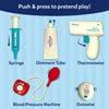 Feature graphic highlighting interactive pretend medical tools included in the Skillmatics Doctor Set. Displayed items include a push-action syringe, pop-out ointment tube, click-button digital thermometer, rotating blood pressure monitor, and pulse oximeter, demonstrating realistic role-play functions.