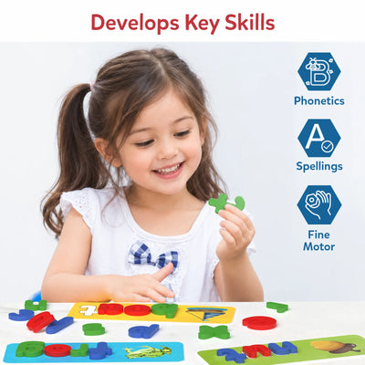 Young child playing with colorful letter and shape puzzles for early learning development