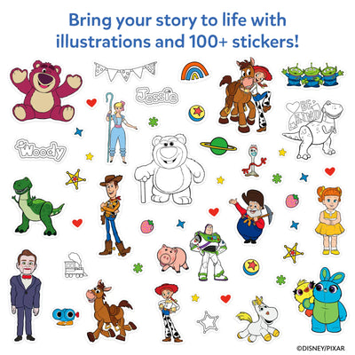 Skillmatics Toy Story My Story Art Kit sticker collection on white background. Over 100 stickers displayed including colored and outline versions of characters, decorative stars, hearts, and shape stickers. Header reads "Bring your story to life with illustrations and 100+ stickers!" Copyright Disney Pixar shown at bottom right.