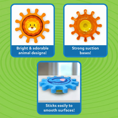 Three feature panels for Skillmatics Spinny Gears Animal Fun 5-gear set on a green background. Top-left shows orange lion gear with text "Bright and adorable animal designs." Top-right shows orange gear back with yellow suction cup and text "Strong suction bases." Bottom panel shows blue elephant gear flat on a wooden surface with text "Sticks easily to smooth surfaces."