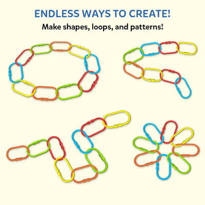 Multiple arrangements of colorful Skillmatics Linkies displayed on a light background, forming shapes such as loops, chains, curves, and flower-like patterns. Text at the top reads “Endless ways to create,” followed by “Make snakes, loops, shapes & more.” The image visually highlights open-ended play and creativity using the same set of interlocking links.
