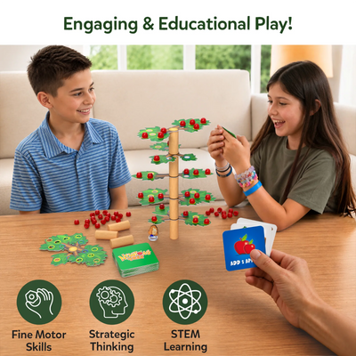 Three children playing Newton’s Tree STEM toy with cards and red tokens