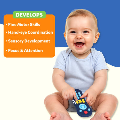 A smiling baby in a light blue outfit sits on the floor and plays with the Skillmatics Push & Pop TV Remote toy. Text on the image lists the benefits — “Develops fine motor skills, hand-eye coordination, sensory development, and focus & attention.” The educational toy combines learning and play, perfect for early childhood development.