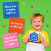 Smiling young child holding a completed snail felt mosaic picture board with blue and teal squares forming the shell. The green background includes colorful felt pieces scattered around. Text callouts read “Mess-free creative activity,” “Perfect for on-the-go,” and “Reusable for endless play.”